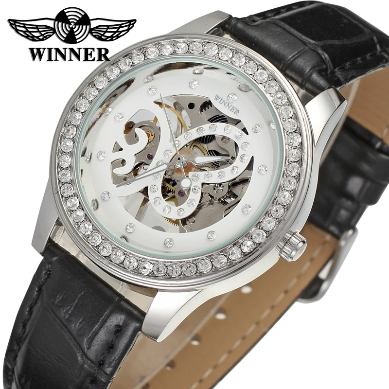 

WINNER watch black Elegant and intellectual openwork carved butterfly with diamond shiny manual mechanical wrist watch