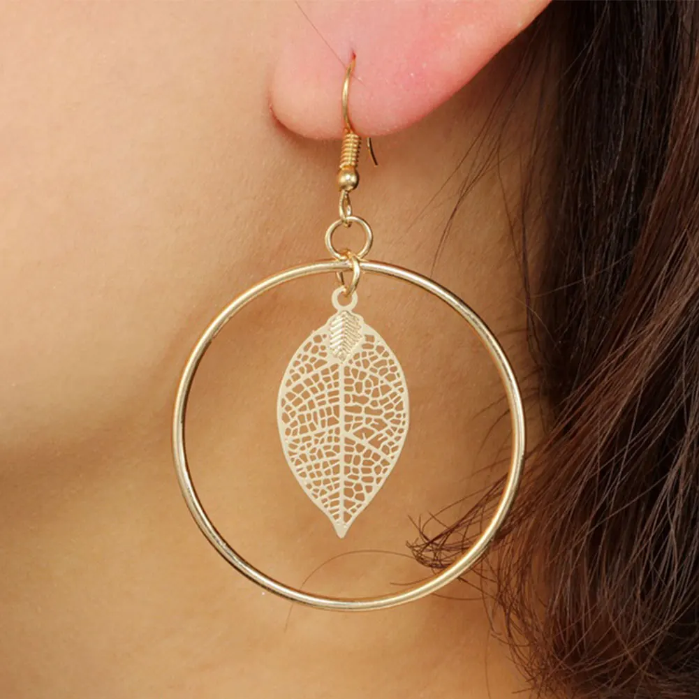

Boho Women Hollow Leaf Circle Hoop Dangle Charm Hook Earrings Wedding Jewelry