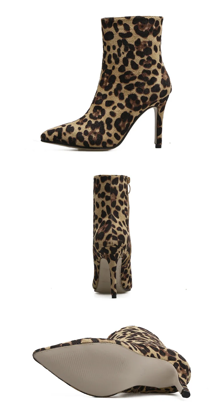Обувь; женские ботильоны; пикантные Зимние полуботинки martin из флока на высоком каблуке 10 см с острым носком и молнией леопардовой расцветки; Botas; женская обувь