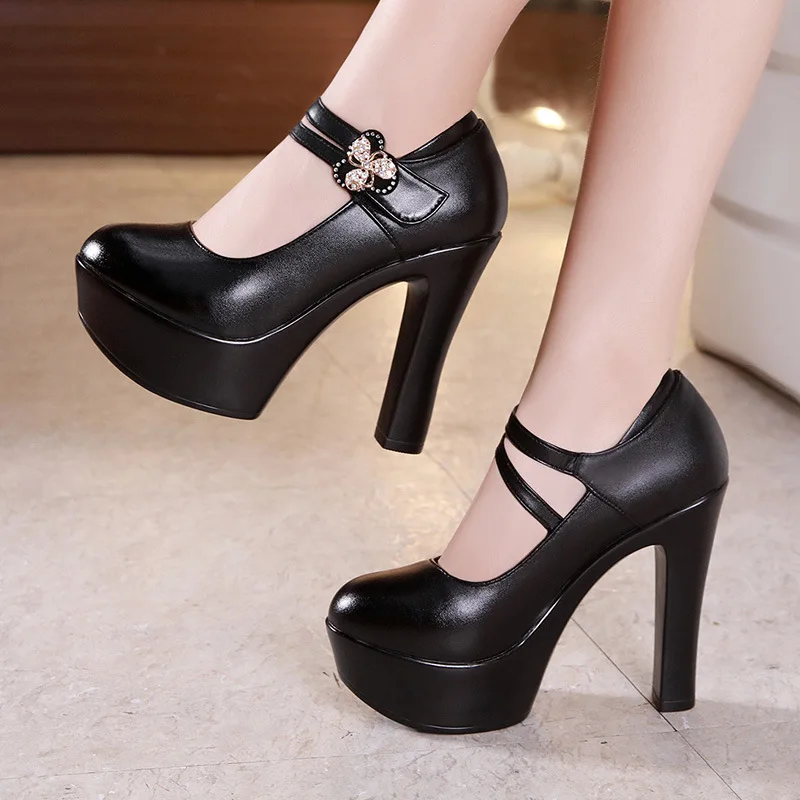 13cm Buckle Block Heels Leather Pumps Women Platform Shoes 2019 High Heels Shoes Elegant Wedding Shoes White Office Shoe 42 43