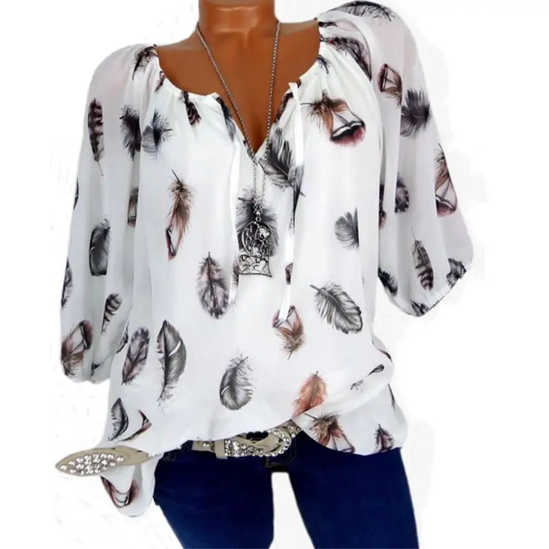 

Autumn Women Shirt Blouses Female Fashion V Neck Feather Print Long Sleeve Cotton Shirts Ladies Casual Loose Wild Tops Shirts @
