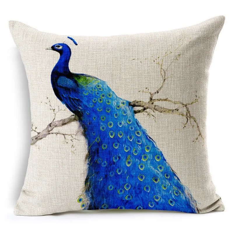 Blue Peacock Pillow Cover Geometric Linen Cotton Cushion Cover Home Decor Throw Pillows Decorative Pillowcase Pillowsham
