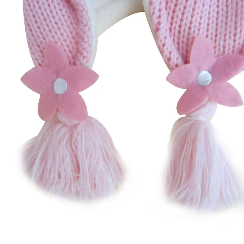 Cute Rabbit Baby Hat For Girls Cotton Knitted Pattern Kids Beanie Pink Girls Hat With Ears Thick Double Layer Warm Winter Hat  (7)