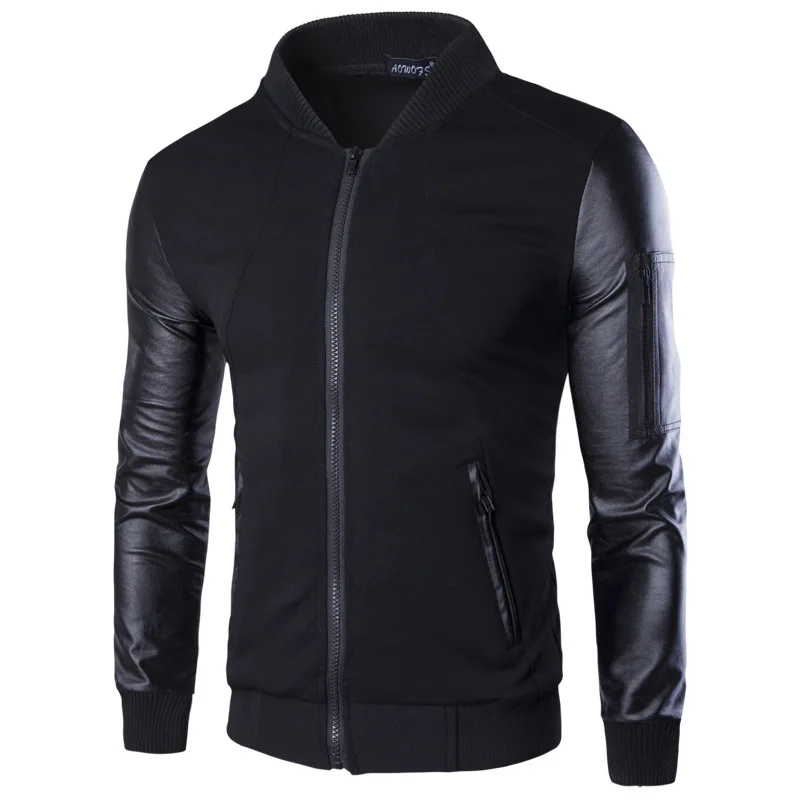 

2019 Autumn Winter Jacket Men Stand Collar Pu Sleeve Baseball Bomber Jackets Coats Y400 Drop Shipping