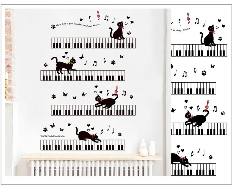 Наклейки на стену с изображением кота на фортепиано для детской комнаты, спальни, художественный фон, плинтус, ПВХ, плинтус, Бабочка, Настенный декор