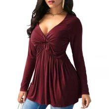 Women T-Shirt Tops Autumn Vintage Wrap Front Pullovers Long Sleeve Ruched T Shirt Tees twist front plunging t shirt