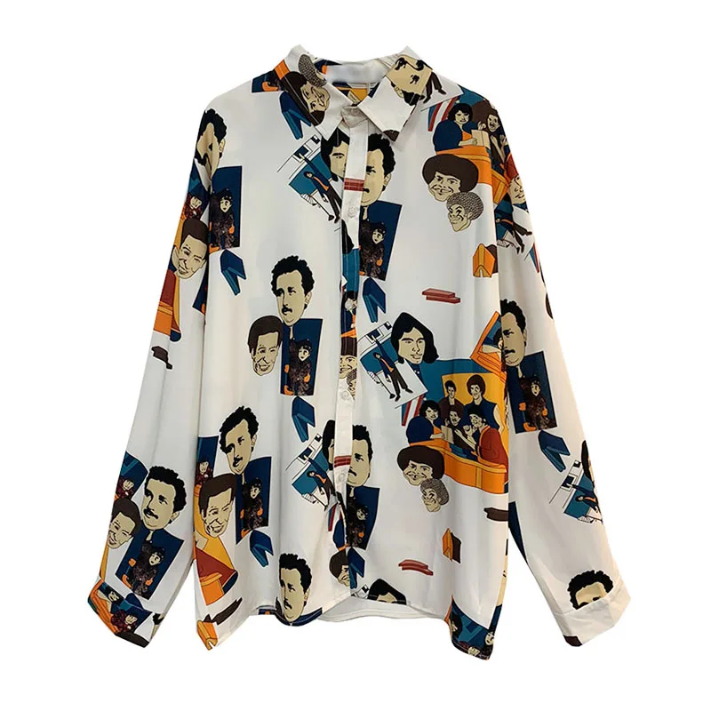 

Women's Autumn Fun Funny Face Print Shirt British Relax Casual Student Long Sleeve Shirt Top Fashion Chao GD025
