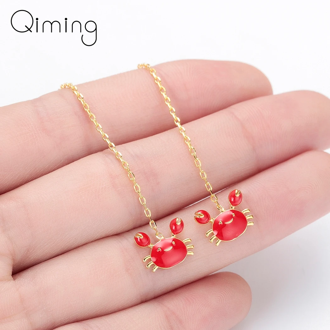 

Gold Chain Lovely Crab Earrings For Women Red Color Fashion Jewelry Accessories Beach Cute Stud Long Earrings Female Gift
