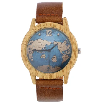 

Unisex New Fashion Simulation Wooden Wristwatch With Leather Casual Men Cowhide Leather Band Lovers Wood Watches Women Map Watch