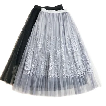 

Elegant Skirt Women Vintage High Waist Embroidery Pleated Knee Length Skirt