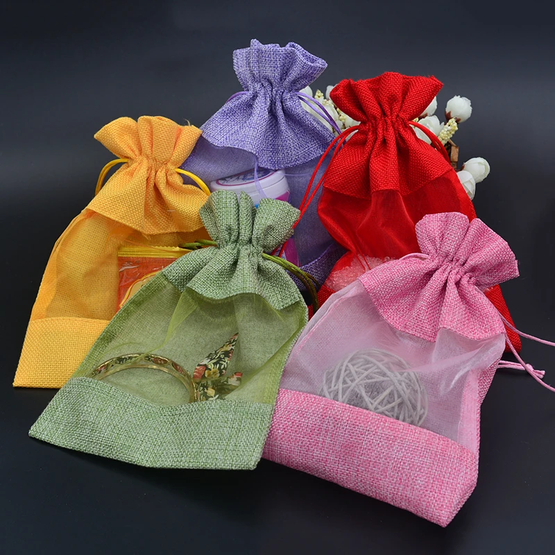 

50pcs Clear Window Jute Gift Bag 5"x7" Burlap Party Favor Sack Bag Linen Jute Drawstring Pouch Organza Jewelry Gift Candy Bag
