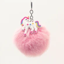 Bonito meninas fofo coelho bola de pele pompom unicórnio chaveiro rosa pompom bola de pele chaveiro feminino saco do carro jóias presente(China)