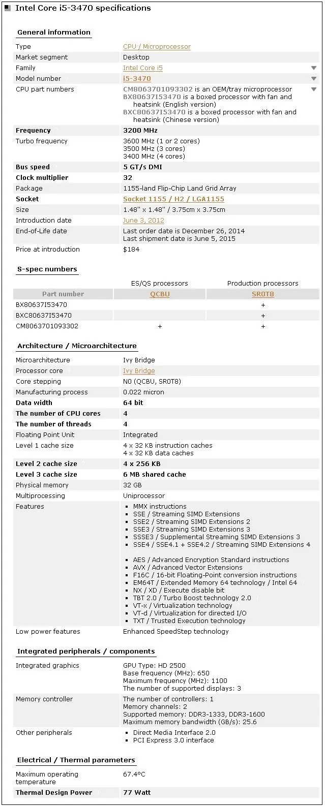 Четырехъядерный процессор Intel Core i5 3470 3,2 ГГц 6M 77W LGA 1155