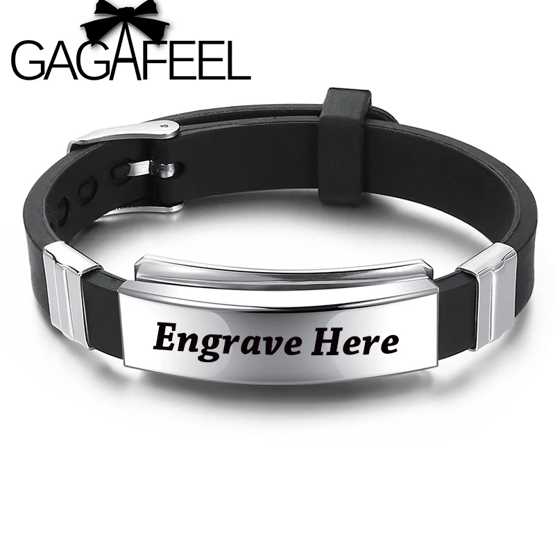 

GAGAFEELSimple Customized Silicone Bracelets For Men Personalized LOGO Stainless Steel Engraved Black Bangle For Male Gift