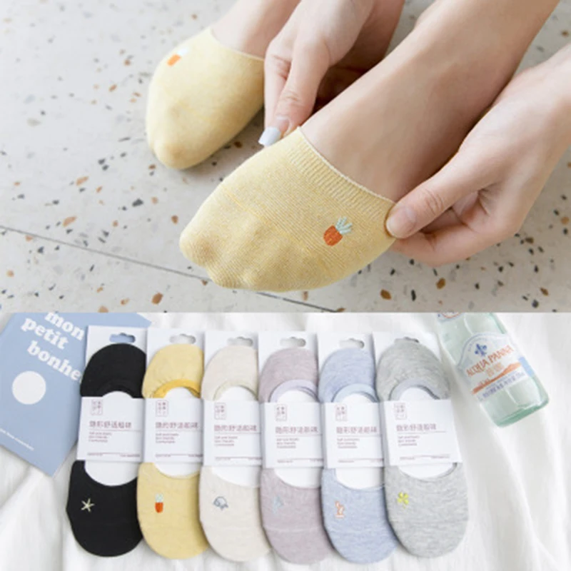 

Womens Sock Slippers Embroidery F Solid Color Hidden Flat Boat Line Cotton Female Socks Non-slip Low Cut Socks in Summer