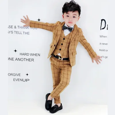 

Gentleman Boys Clothing Sets Kids Tracksuits 3pcs Plaid Blazer Coat +Vest +Trousers Formal Suit Set Children Outfit Costume