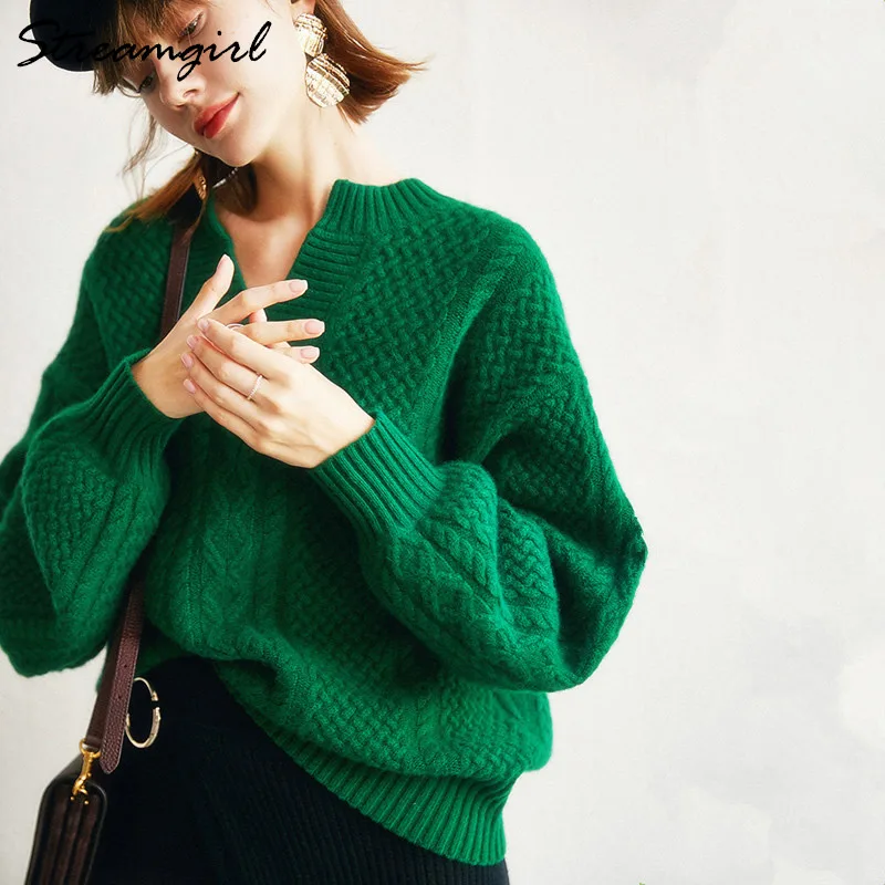 Весенний кашемировый свитер женский вязаный пуловер женский джемпер зеленый шерстяной ретро свитер женский свободный пуловер с рукавом летучая мышь - Цвет: Green