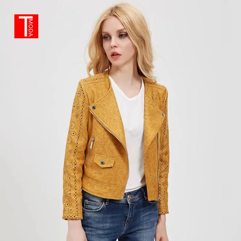 

2018 Women Autumn Winter Suede Faux Leather Jackets Lady Fashion Hollow Out Motorcycle Coat Biker Yellow Lace Outerwear