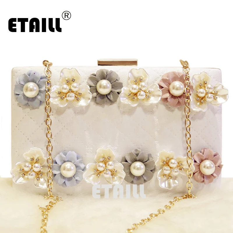 

ETAILL Pearl Flower Quilted Clutch Bags with Golden Chain Plaid Evening Bag Designer Diamond Lattice Shoulder Bag High Quality