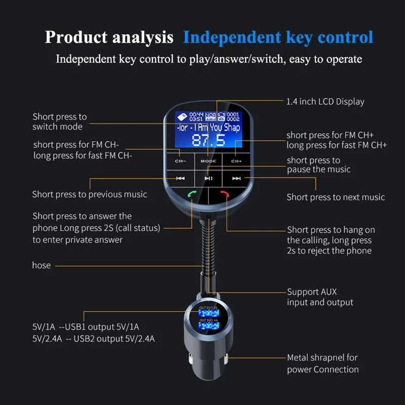 YASOKRO fm-передатчик Aux модулятор громкой связи Bluetooth автомобиль автомобильный комплект аудио MP3 плеер с 1,44 ЖК-дисплей дисплей Dual USB Car зарядное