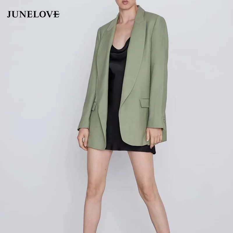 

JuneLove Women Long Sleeve Solid Blazer Jacket Vintage Pockets Female Loose Blazer Casual Street Wear Office Lady Blazer Outwear