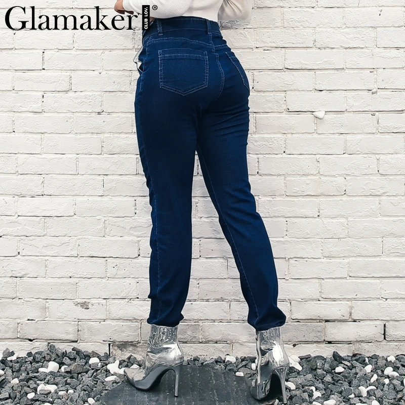 Glamaker Button denim sashes plus size jeans Women casual pants Sexy slim skinny jeans high waist trousers streetwear bottom new