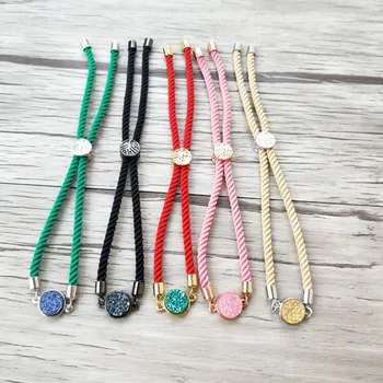 

10 Pcs Mix Color Cotton Adjustable hand Chain Bracelet,Natural druse geode Quartz Titanium Stone charm connector Bracelets BG174