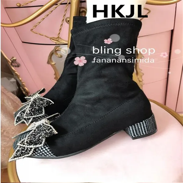 2019 HKJL/Новые Модные эластичные Ботинки martin ручной работы со стразами и бантом на толстой подошве, женские ботинки