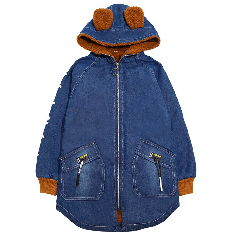 blue 120-170 детская осенне-зимняя куртка для мальчиков и девочек, Вельветовая утепленная джинсовая ветровка, Детская Длинная Верхняя одежда и пальто - Цвет: blue