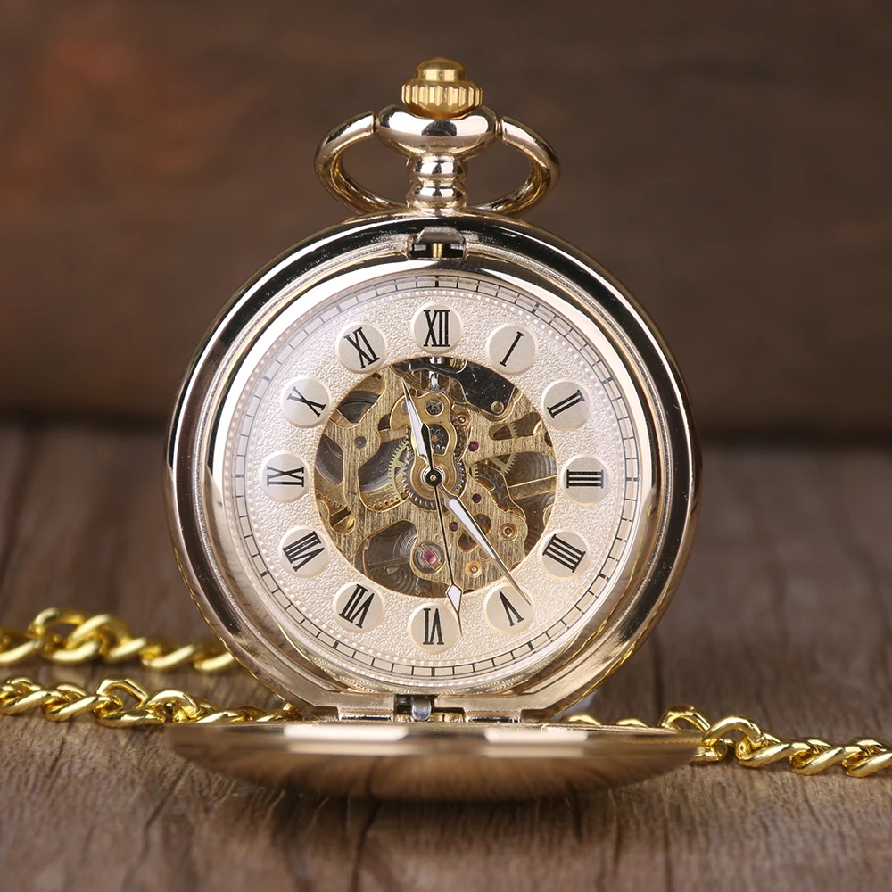 Гладкие Механические карманные часы полностью золотого цвета для мужчин и женщин Стильный ретро брелок ручной Ветер двойной Охотник Navidad Рождественский подарок