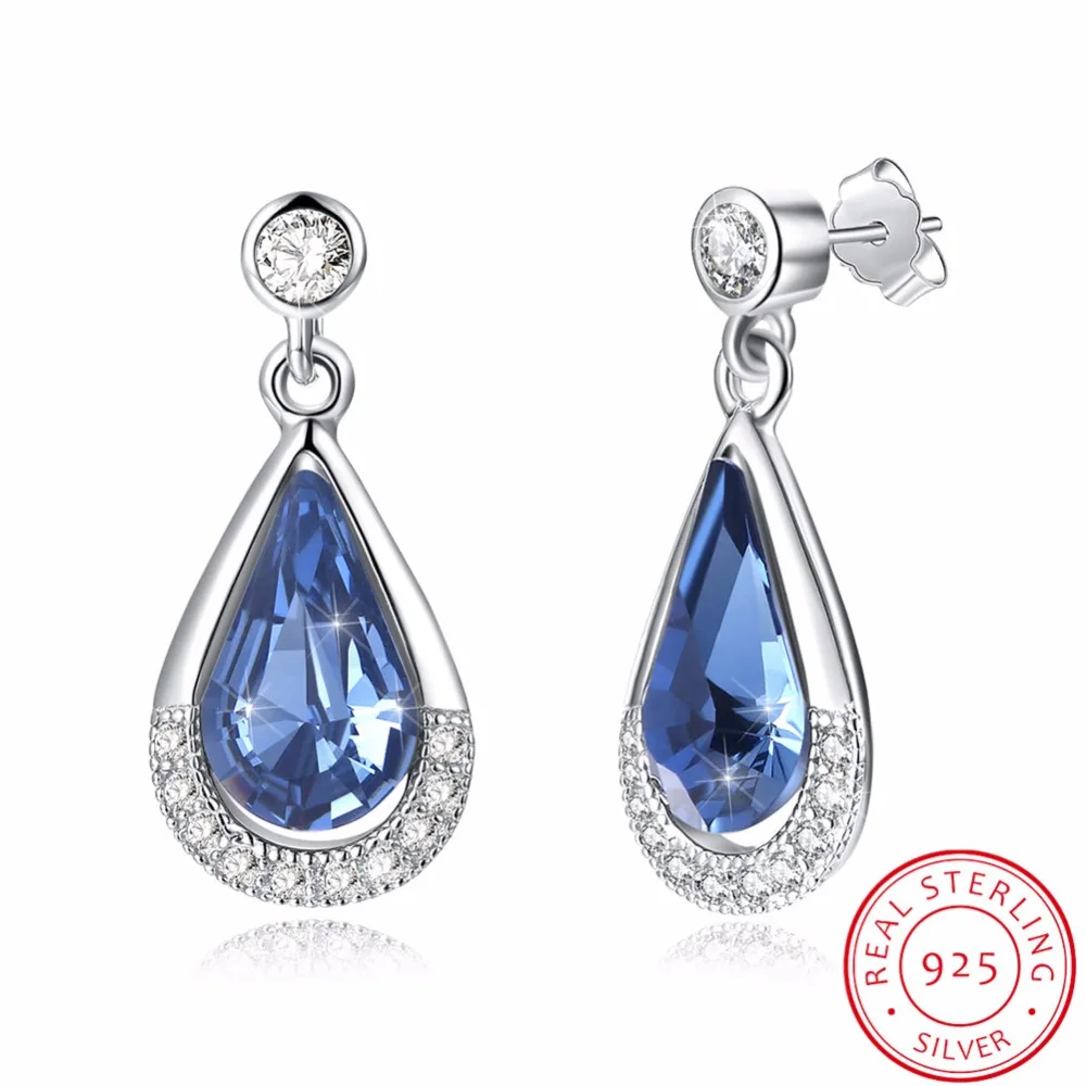 

Water Drop Blue Fine Jewelry Made with Heart Swarovski Crystal Drop Earrings Real S925 Sterling Silver Earrings for Women Gift