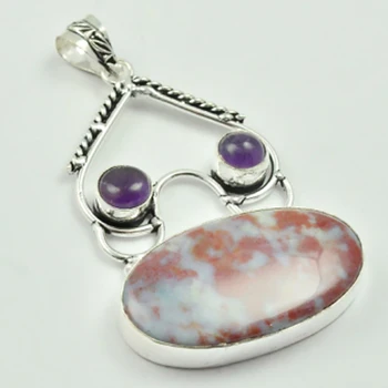 

Bloodstone & Amethysts Pendant Silver Overlay over Copper, 65mm , P3629