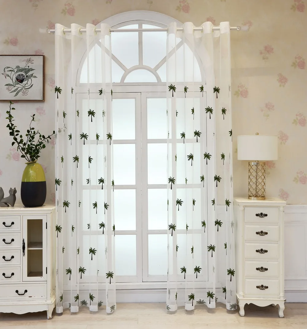 Simple Modern Coconut Tree Screen Embroidery Sheer Voile Window Drapes for Living Room Door Lace Curtains A966 (1)