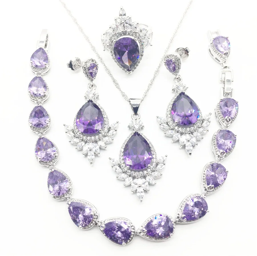 Purple Zircon Costume 925 Silver Jewelry Sets Decorating For Women