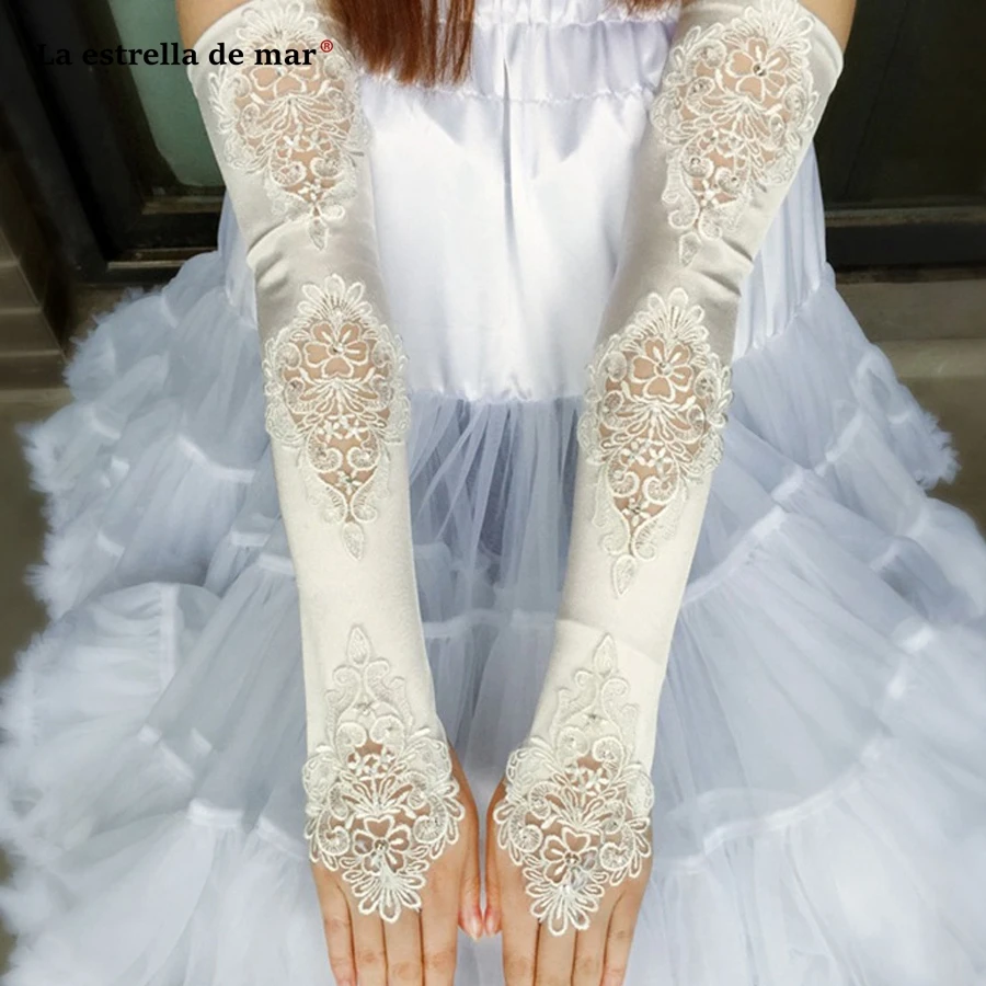 

Wholesale spring and summer thin tulle lace flower hook finger white wedding gloves long bridal gloves cheap wedding accessories