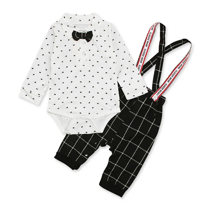 baby boy long sleeve clothes 2019 newborn set infant toddler outfits cotton white bodysuit+black overalls 2 pieces set for 6-24M