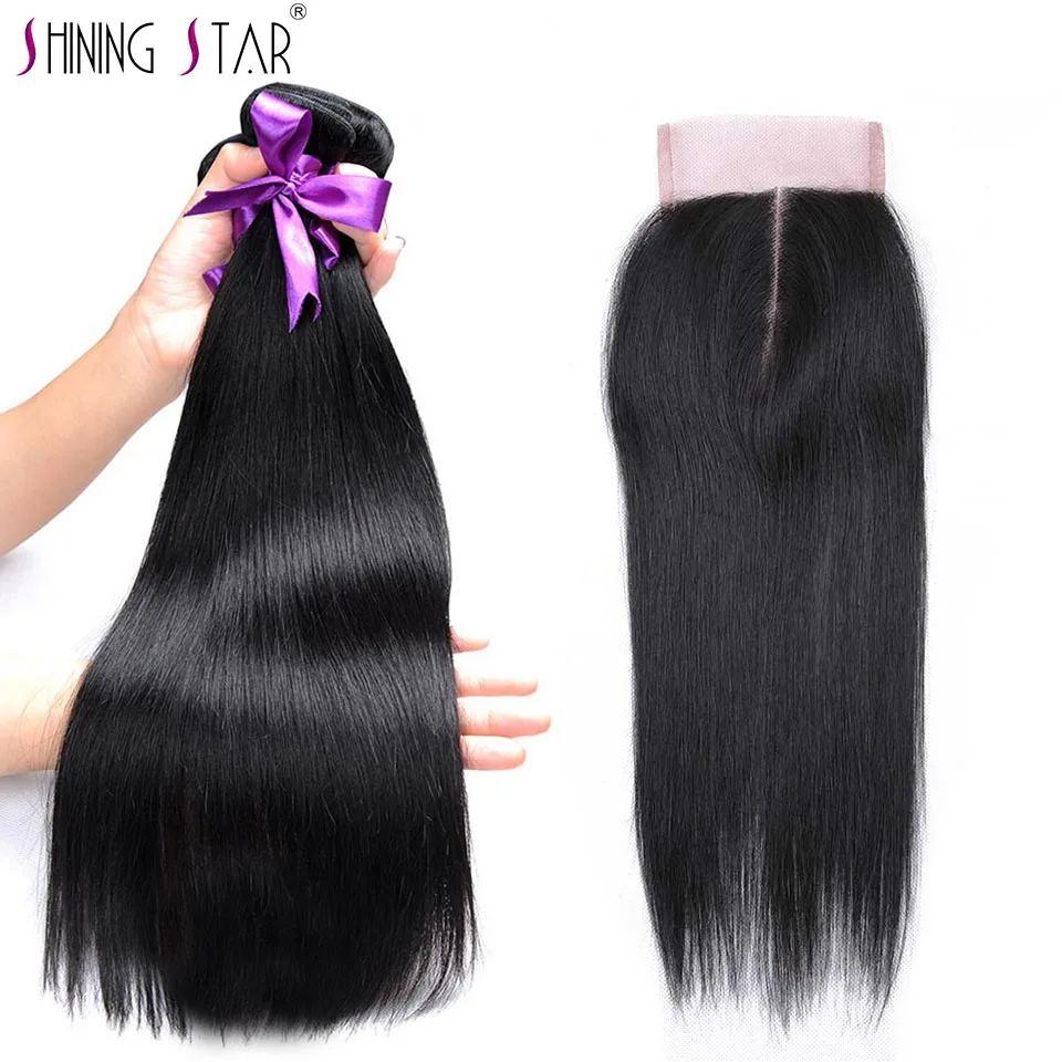 

Colored 1B Straight Brazilian Hair 3 Bundles With Closure 100% Human Hair Weave Bundles With Closure Black Shining Star Non Remy