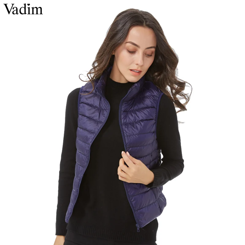 

Vadim women solid Ultra Light duck down vests basic warm winter loose waistcoat pockets vest sleeveless jacket mujer ZC074