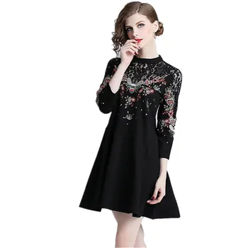 

HAMALIEL Women Loose Short Dress Autumn Embroidery Floral Hollow Out Plus Size Dress Casual Black Patchwork Dresses Vestidos