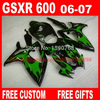 

fairing kit for SUZUKI GSXR 600 750 2006 2007 K6 K7 fairings set body kit GSXR 750 06 07 green flames in black R848