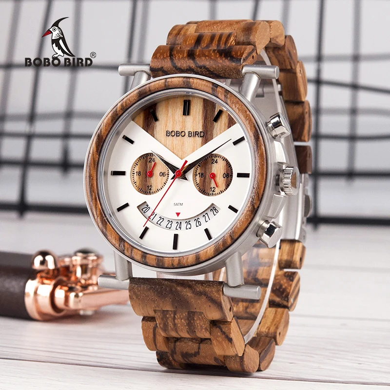 BOBO BIRD Men Wooden Watch Wood Quartz Saat erkek Wristwatches Male Stopwatch Japanese movement Show Date Gift 2 time zone
