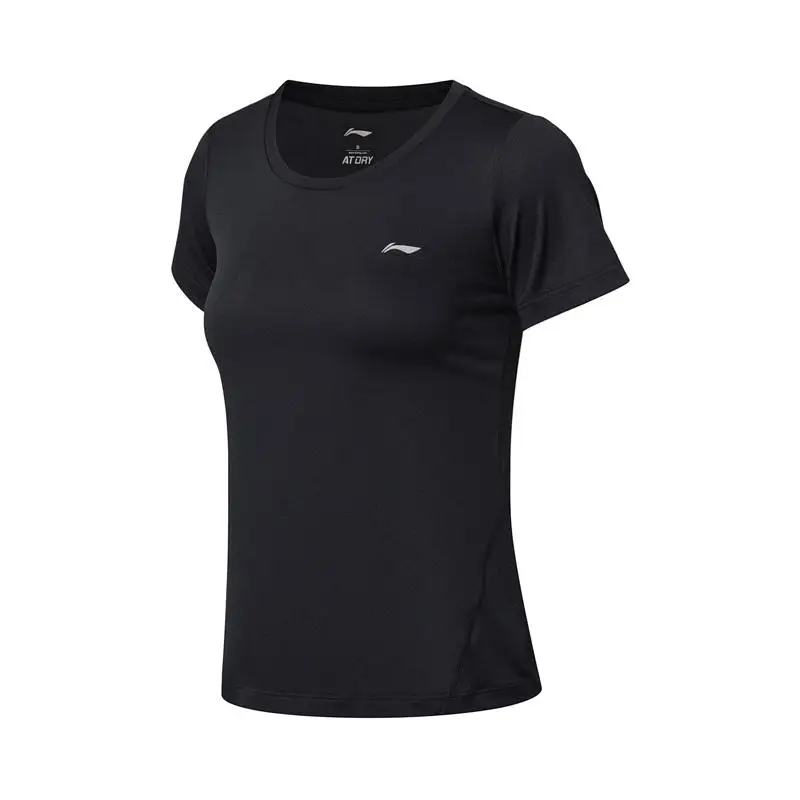 Li-Ning Женская футболка для бега, тонкая посадка, полиэстер, на сухой дышащей комфортной подкладке, фитнес, спортивные топы, футболки ATSN186 CJAS18 - Цвет: Черный