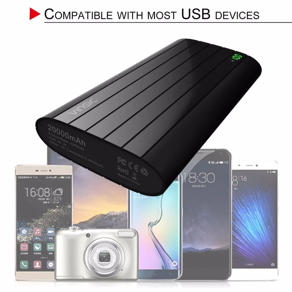 VINSIC 15000mAh Powerbank Extenal Battery Pack Portable Power Charger Fast Charger Universal Power Bank LED Display Accessories