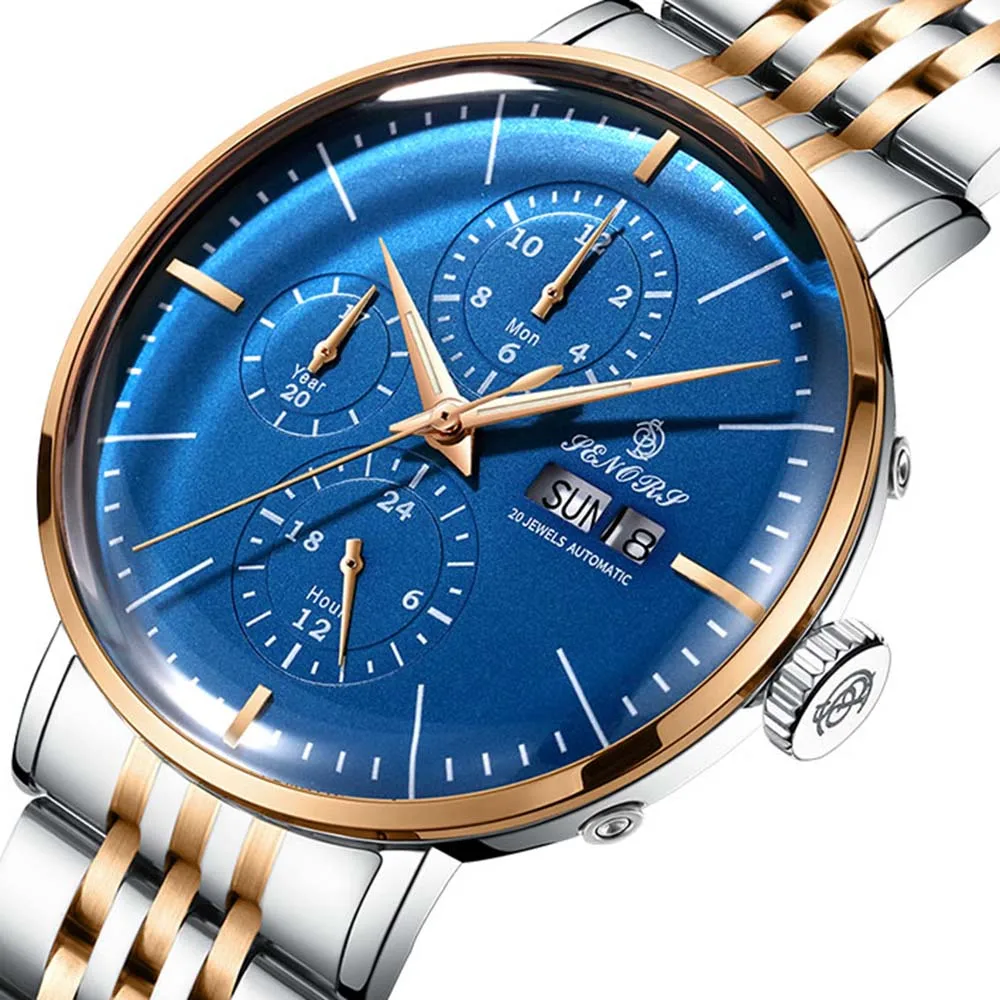 Автоматические механические часы, мужские роскошные брендовые водонепроницаемые часы, светящиеся золотые часы из нержавеющей стали, мужские часы - Цвет: Rose gold Blue