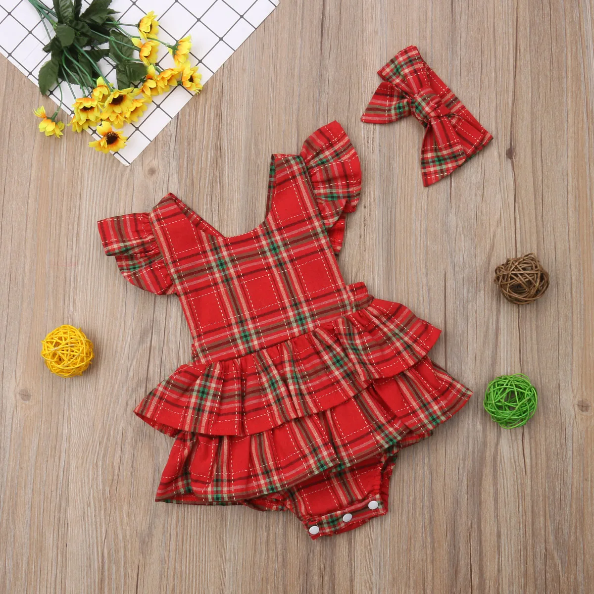 Toddler Infant Baby Girl Clothes Christmas Check Romper Headband 2Pcs Set Outfit