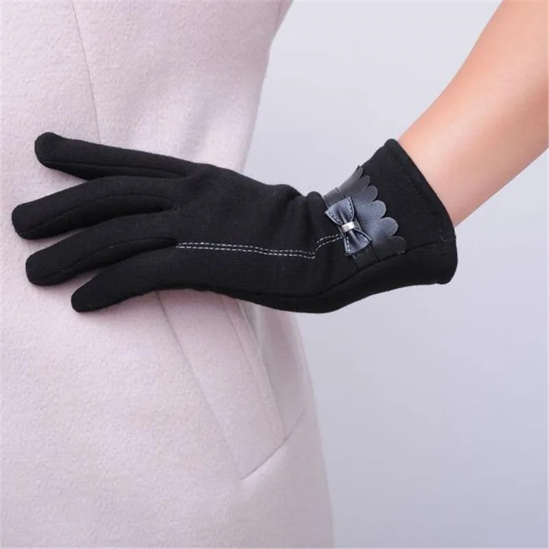 Женские теплые зимние вязаные перчатки на полный палец варежки Женские однотонные шерстяные перчатки экран Luvas O.1 - Цвет: Черный