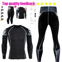 Мужской комплект для фитнеса 3D печать с длинными рукавами костюм Быстросохнущий пот упражнения фитнес одежда плотная эластичная