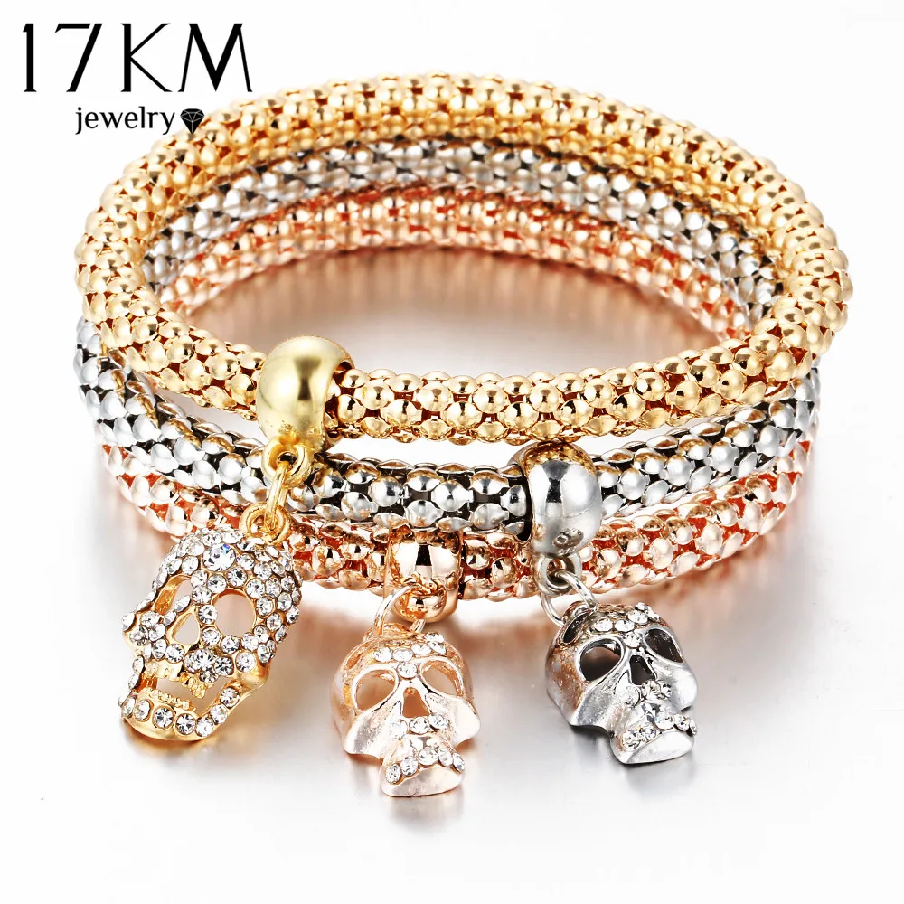 

17KM Fashion Gold Color Crystal Skull Bracelet & Bangle 2018 New Charm Luxury Love Heart Women Bracelet Gift 3 PCS/Set