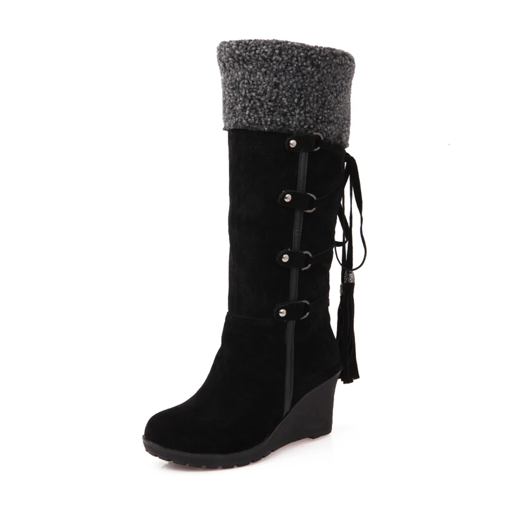 KARINLUNA/женские сапоги до колена Дамская зимняя обувь на меху Брендовая обувь на высокой танкетке с кисточками теплые зимние сапоги на платформе размеры 34-43 - Цвет: Черный