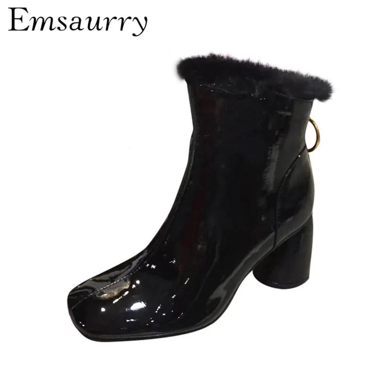 

Shiny Patent Leather Autumn Winter Booties For Women Round Heel Back Zip Wool Fur Short Boots Ankle Boots Women